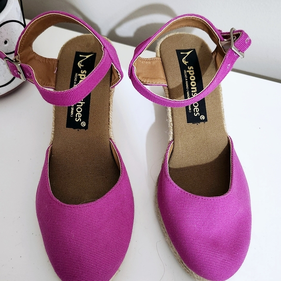 Pink canvas espadrille wedges EU 37 jute rope trim, adjustable ankle straps - Picture 4 of 7